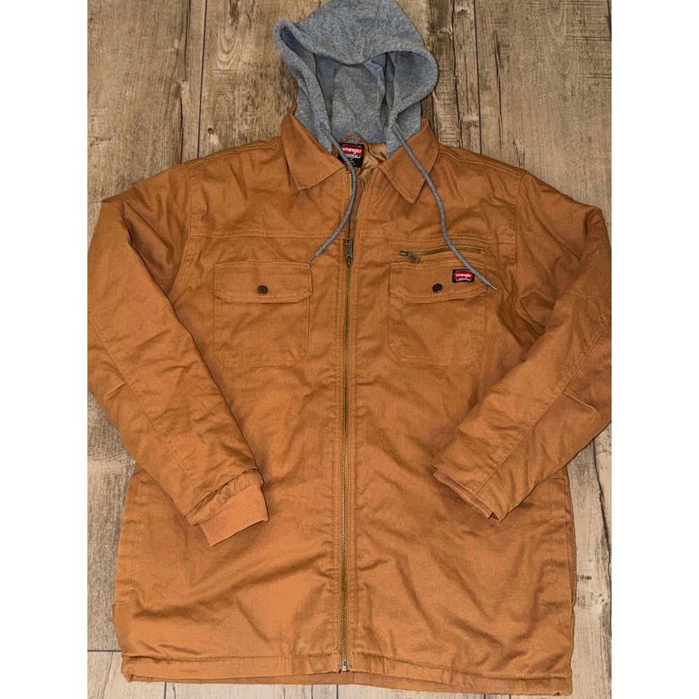 Wrangler Workwear Mens L Brown Canvas Hooded Jacket Quilted Lined Work Coat
